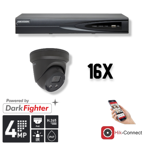 Hikvision Set 16x Turret 4MP + Recorder & Cabling Black