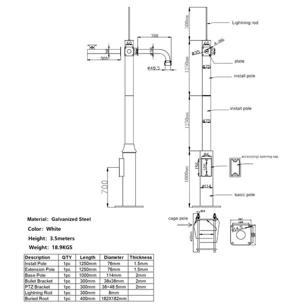 Alarm SystemExpert.co.uk Mât de caméra 3.5m Gris foncé, Acier galvanisé, Paratonnerre DEMO