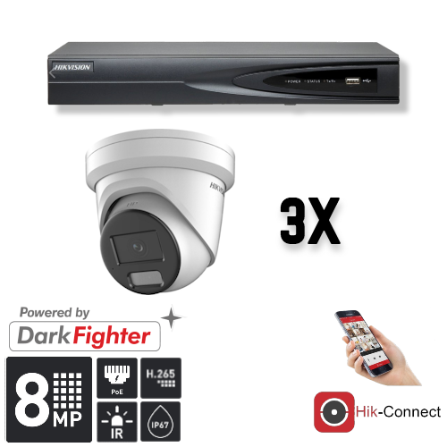 Hikvision Hikvision Set 3x Turret 8MP + Recorder & Cabling