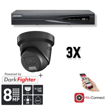 Hikvision Hikvision Set 3x Turret 8MP + Recorder & Cabling