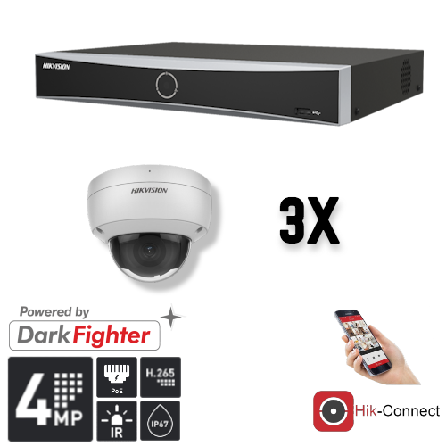 Hikvision Set 3x Dome 4MP + Recorder & Bekabeling